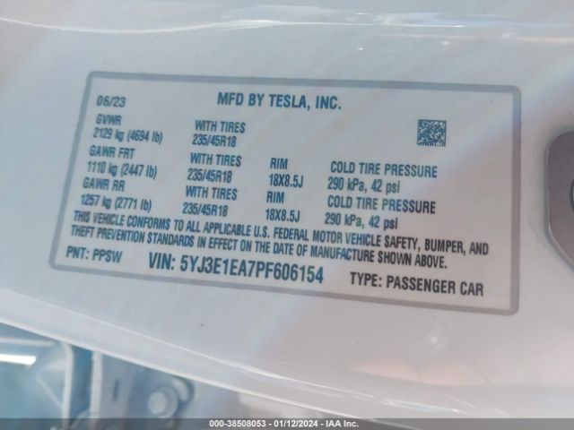 Photo 8 VIN: 5YJ3E1EA7PF606154 - TESLA MODEL 3 