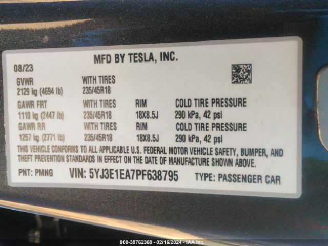 Photo 8 VIN: 5YJ3E1EA7PF638795 - TESLA MODEL 3 