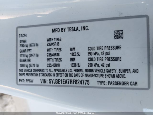 Photo 8 VIN: 5YJ3E1EA7RF824775 - TESLA MODEL 3 