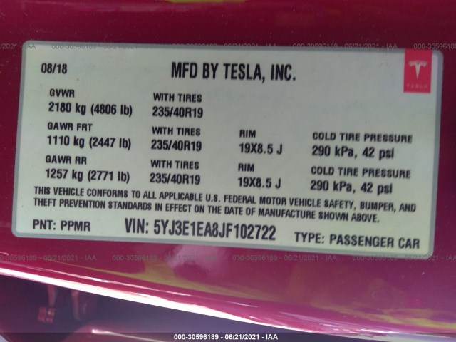 Photo 8 VIN: 5YJ3E1EA8JF102722 - TESLA MODEL 3 