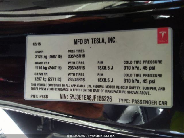 Photo 8 VIN: 5YJ3E1EA8JF155226 - TESLA MODEL 3 