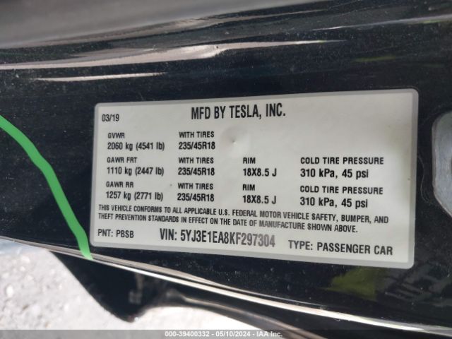 Photo 8 VIN: 5YJ3E1EA8KF297304 - TESLA MODEL 3 