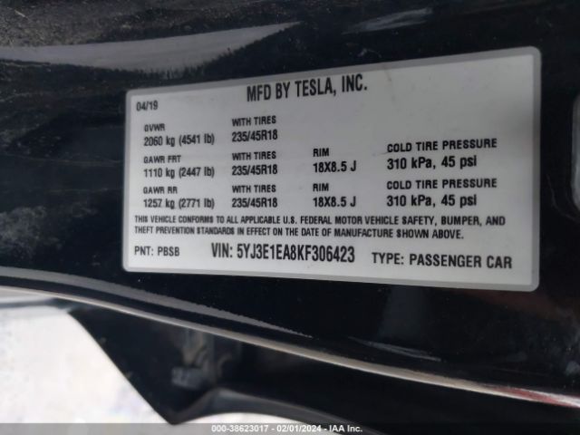 Photo 8 VIN: 5YJ3E1EA8KF306423 - TESLA MODEL 3 