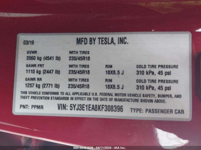 Photo 8 VIN: 5YJ3E1EA8KF308396 - TESLA MODEL 3 