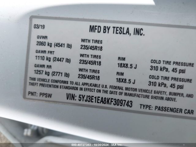 Photo 8 VIN: 5YJ3E1EA8KF309743 - TESLA MODEL 3 