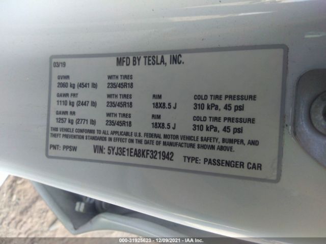 Photo 8 VIN: 5YJ3E1EA8KF321942 - TESLA MODEL 3 