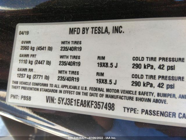 Photo 8 VIN: 5YJ3E1EA8KF357498 - TESLA MODEL 3 