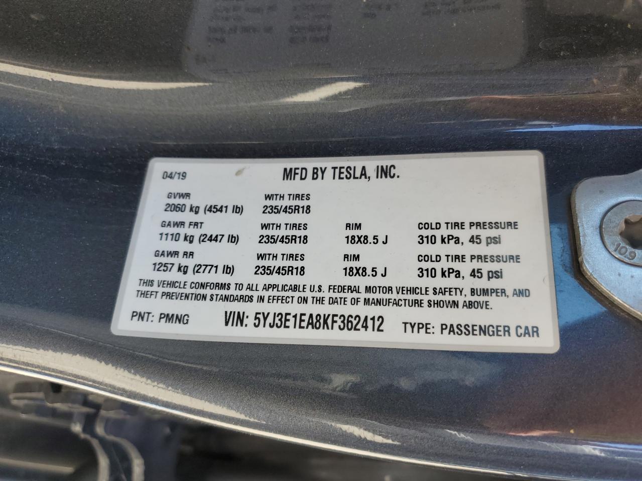 Photo 11 VIN: 5YJ3E1EA8KF362412 - TESLA MODEL 3 