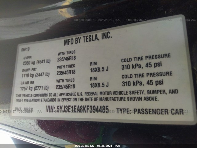 Photo 8 VIN: 5YJ3E1EA8KF394485 - TESLA MODEL 3 