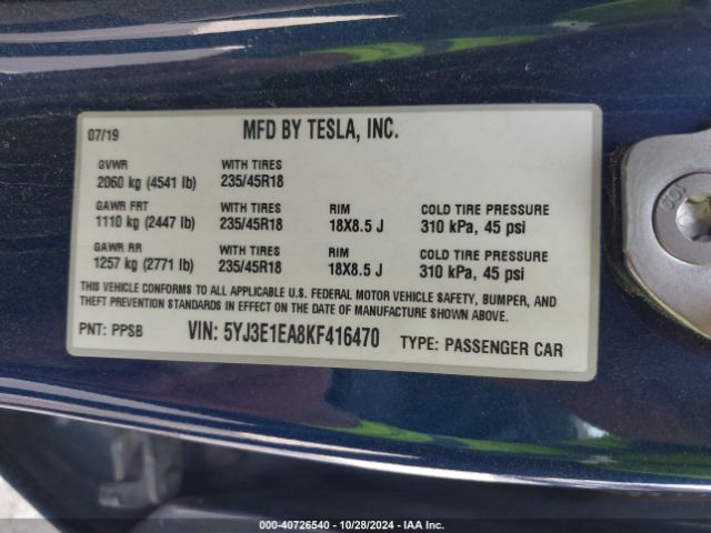 Photo 8 VIN: 5YJ3E1EA8KF416470 - TESLA MODEL 3 