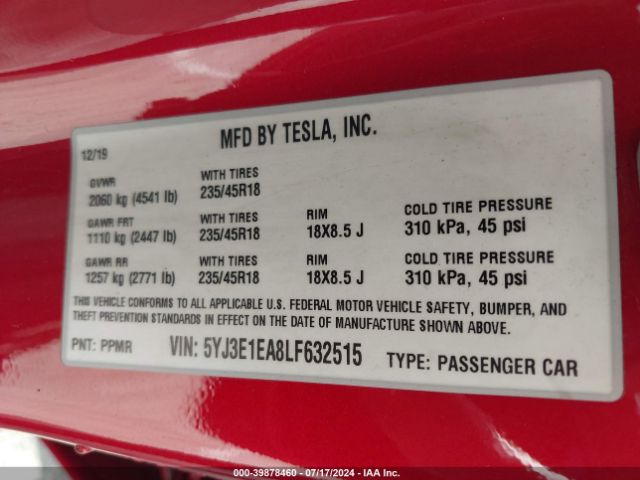 Photo 8 VIN: 5YJ3E1EA8LF632515 - TESLA MODEL 3 