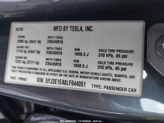 Photo 8 VIN: 5YJ3E1EA8LF644051 - TESLA MODEL 3 