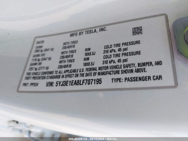 Photo 8 VIN: 5YJ3E1EA8LF707195 - TESLA MODEL 3 