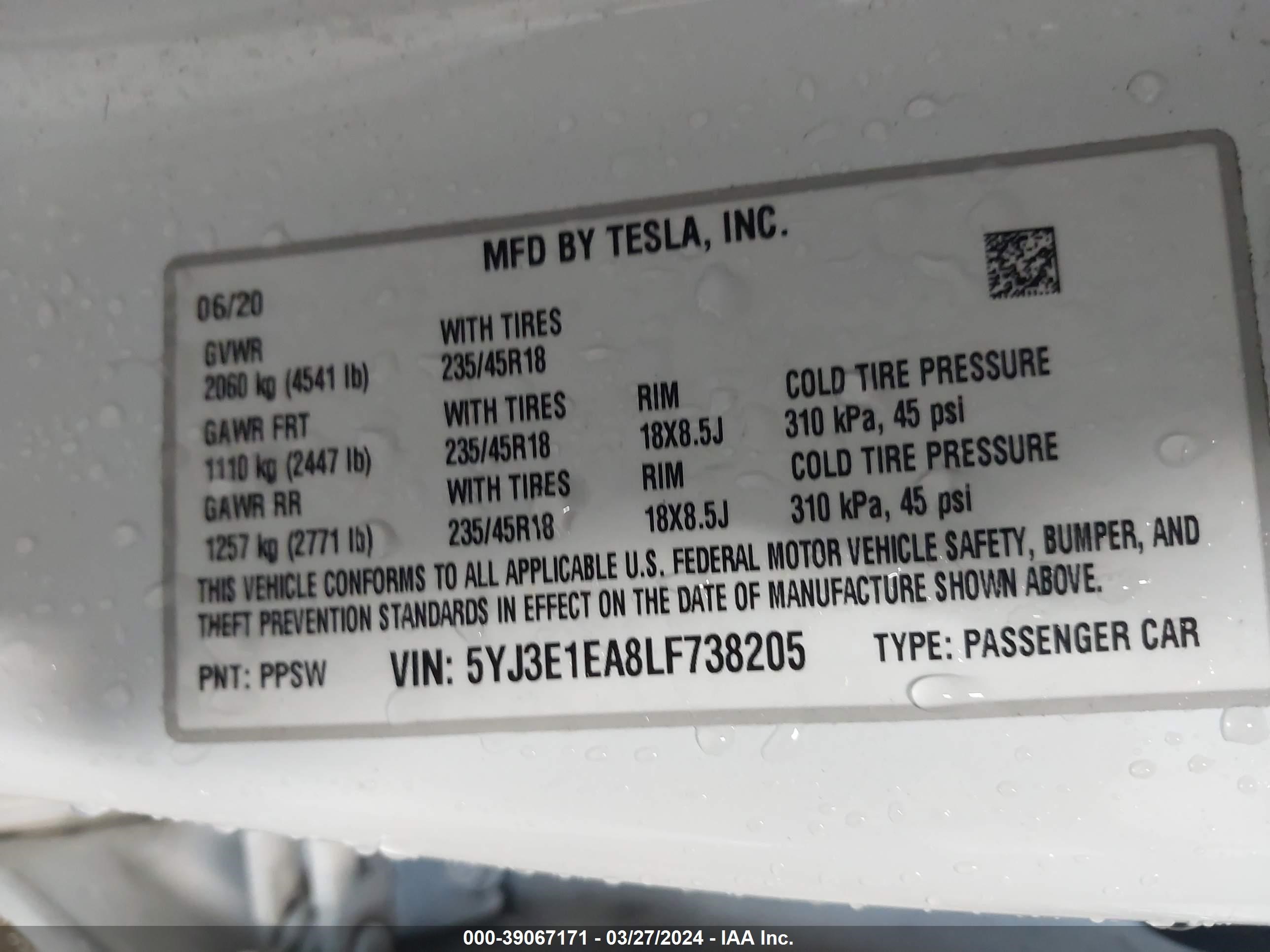 Photo 8 VIN: 5YJ3E1EA8LF738205 - TESLA MODEL 3 