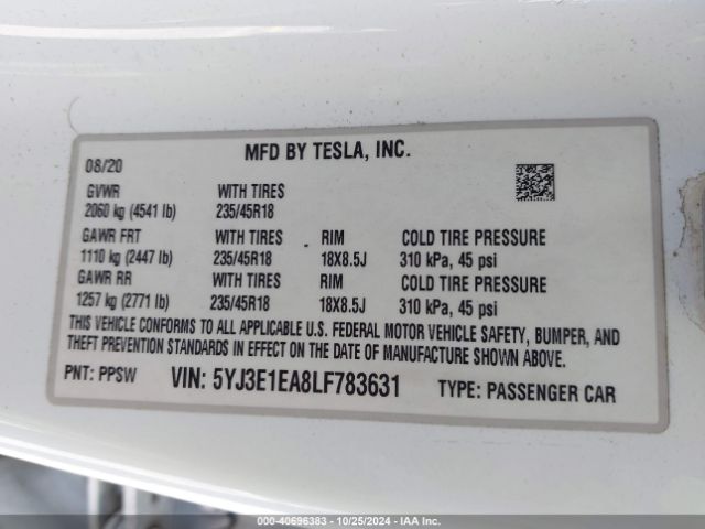 Photo 8 VIN: 5YJ3E1EA8LF783631 - TESLA MODEL 3 