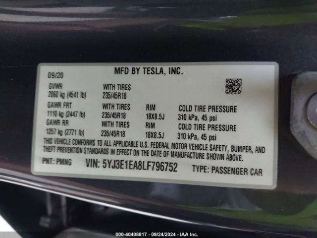 Photo 8 VIN: 5YJ3E1EA8LF796752 - TESLA MODEL 3 