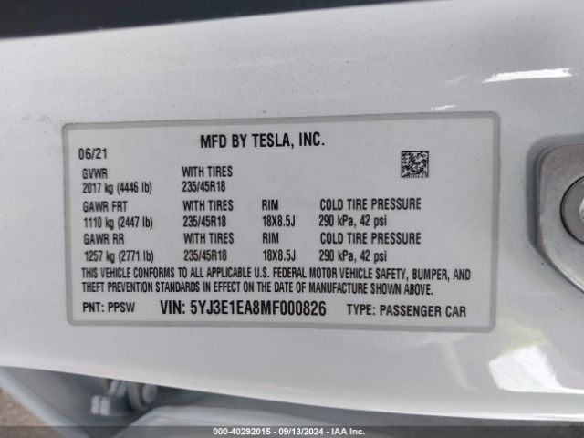 Photo 8 VIN: 5YJ3E1EA8MF000826 - TESLA MODEL 3 