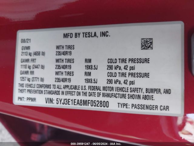 Photo 8 VIN: 5YJ3E1EA8MF052800 - TESLA MODEL 3 