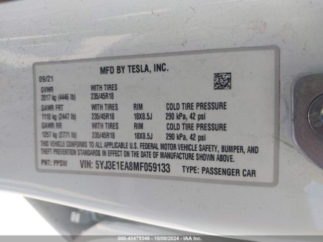 Photo 8 VIN: 5YJ3E1EA8MF059133 - TESLA MODEL 3 