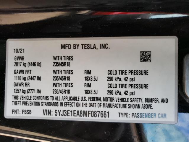 Photo 11 VIN: 5YJ3E1EA8MF087661 - TESLA MODEL 3 