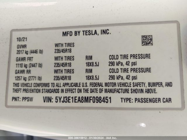 Photo 8 VIN: 5YJ3E1EA8MF098451 - TESLA MODEL 3 