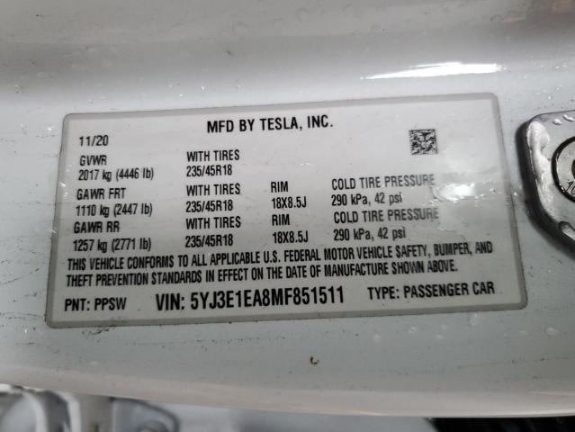 Photo 12 VIN: 5YJ3E1EA8MF851511 - TESLA MODEL 3 