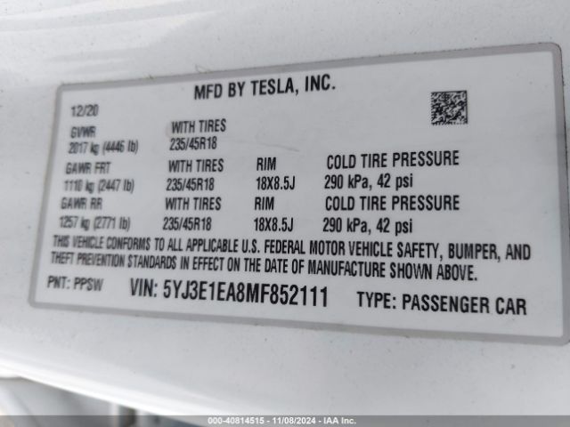 Photo 8 VIN: 5YJ3E1EA8MF852111 - TESLA MODEL 3 