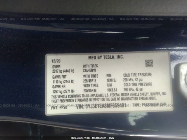 Photo 8 VIN: 5YJ3E1EA8MF859401 - TESLA MODEL 3 