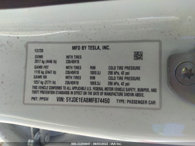 Photo 8 VIN: 5YJ3E1EA8MF874450 - TESLA MODEL 3 