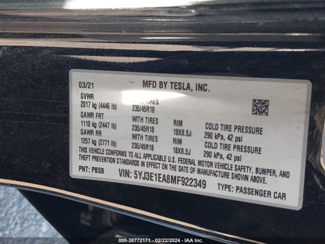 Photo 8 VIN: 5YJ3E1EA8MF922349 - TESLA MODEL 3 