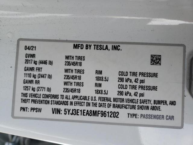 Photo 9 VIN: 5YJ3E1EA8MF961202 - TESLA MODEL 3 