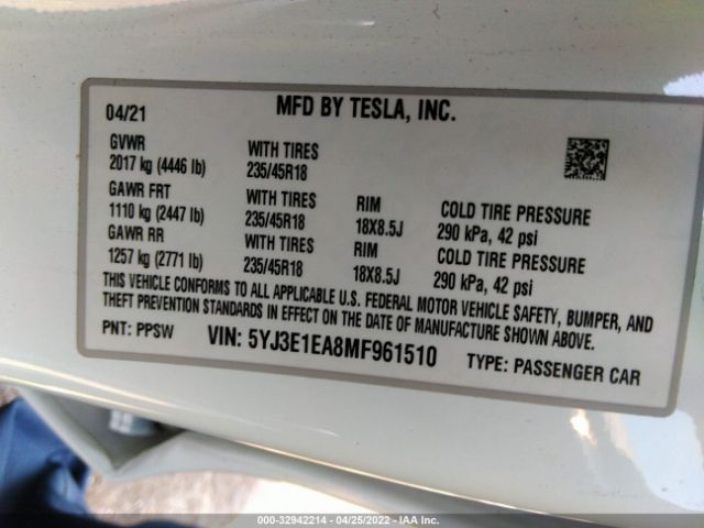 Photo 8 VIN: 5YJ3E1EA8MF961510 - TESLA MODEL 3 