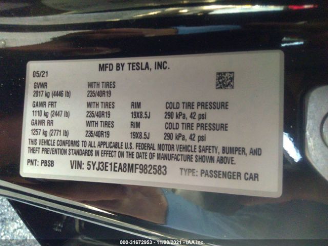 Photo 8 VIN: 5YJ3E1EA8MF982583 - TESLA MODEL 3 