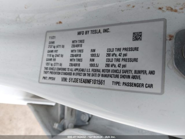 Photo 8 VIN: 5YJ3E1EA8NF101561 - TESLA MODEL 3 