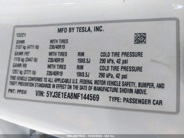 Photo 8 VIN: 5YJ3E1EA8NF144569 - TESLA MODEL 3 