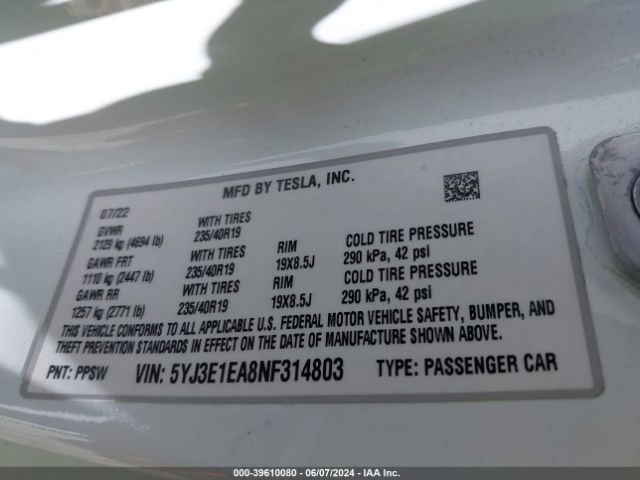 Photo 8 VIN: 5YJ3E1EA8NF314803 - TESLA MODEL 3 