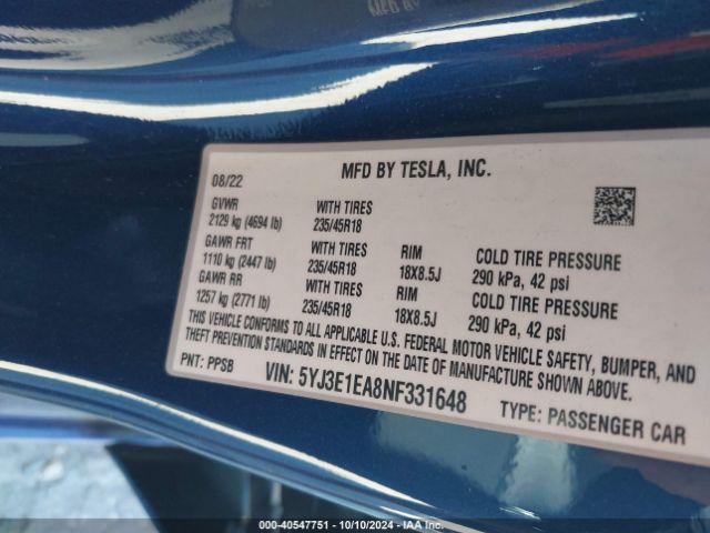 Photo 8 VIN: 5YJ3E1EA8NF331648 - TESLA MODEL 3 