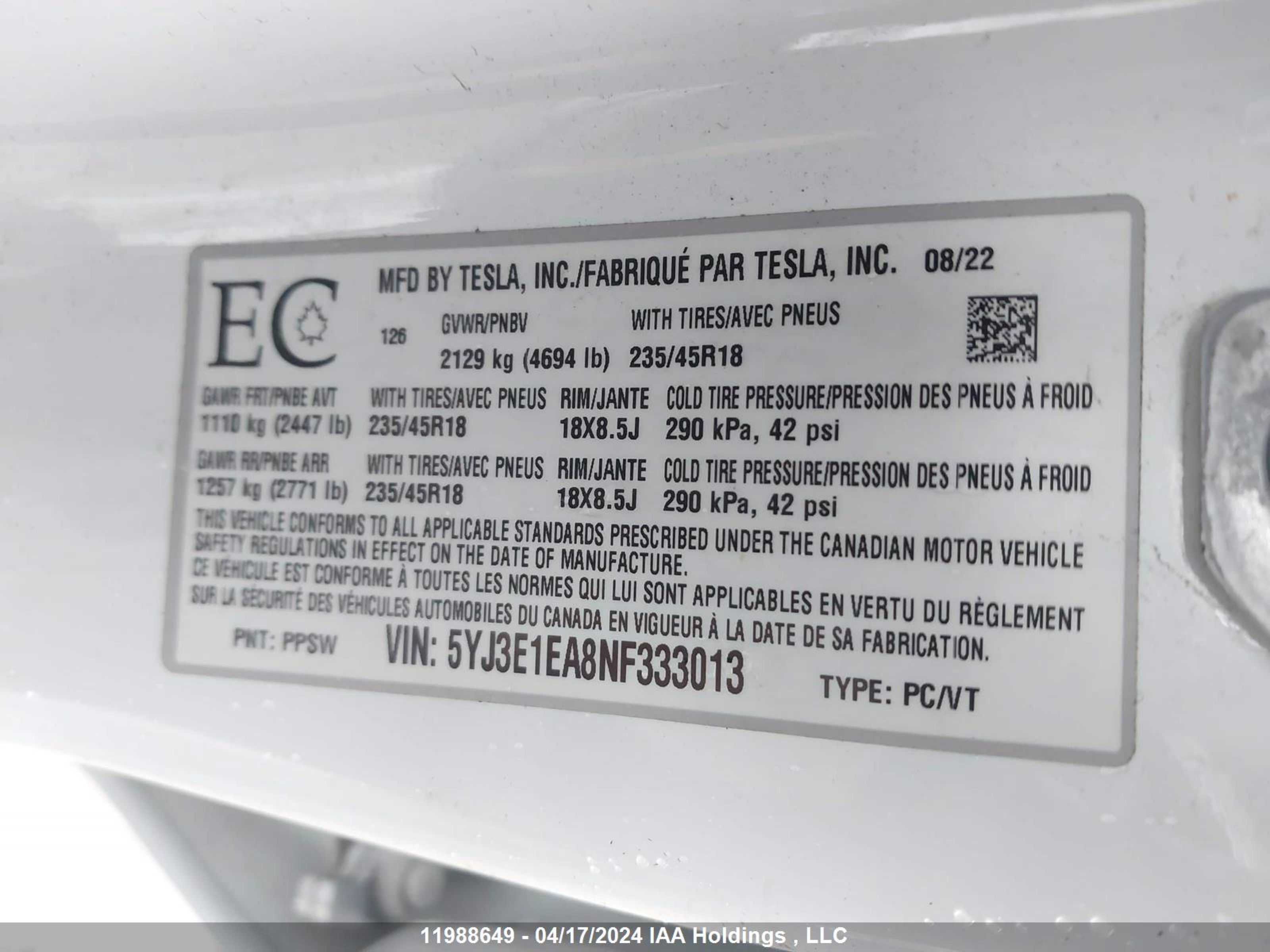 Photo 8 VIN: 5YJ3E1EA8NF333013 - TESLA MODEL 3 