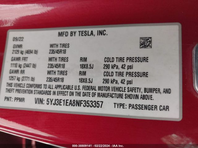 Photo 8 VIN: 5YJ3E1EA8NF353357 - TESLA MODEL 3 