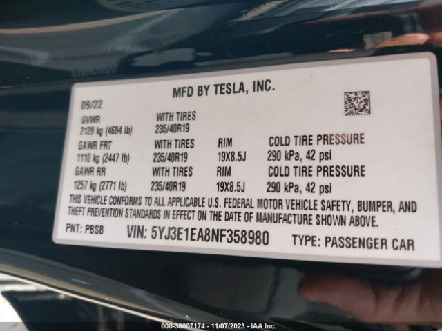 Photo 8 VIN: 5YJ3E1EA8NF358980 - TESLA MODEL 3 