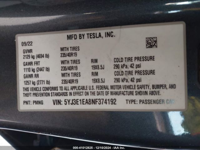 Photo 8 VIN: 5YJ3E1EA8NF374192 - TESLA MODEL 3 