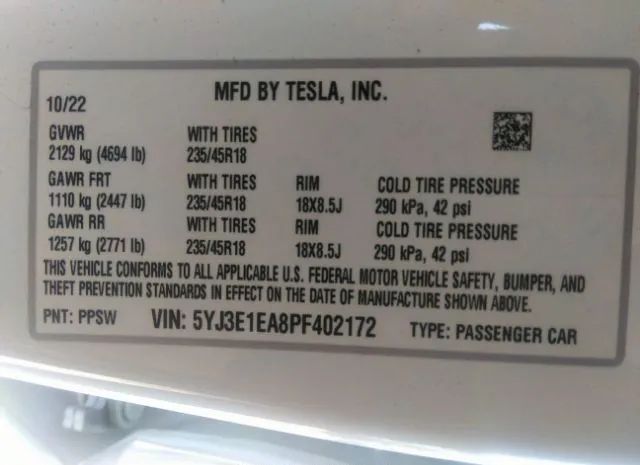 Photo 8 VIN: 5YJ3E1EA8PF402172 - TESLA MODEL 3 