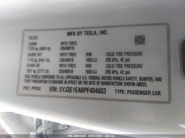 Photo 8 VIN: 5YJ3E1EA8PF404603 - TESLA MODEL 3 