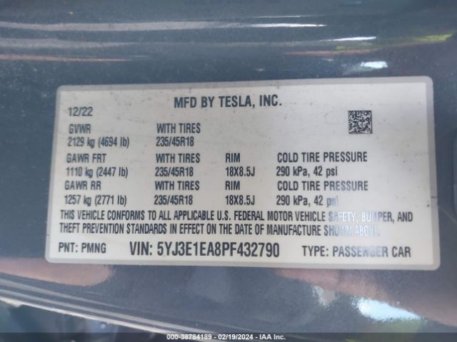 Photo 8 VIN: 5YJ3E1EA8PF432790 - TESLA MODEL 3 