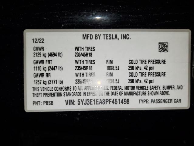 Photo 11 VIN: 5YJ3E1EA8PF451498 - TESLA MODEL 3 