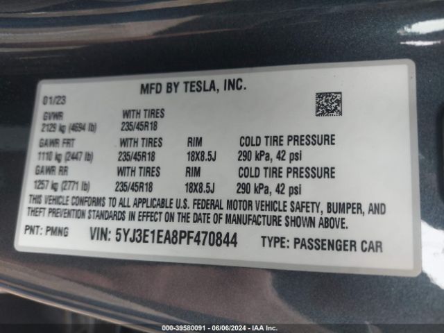 Photo 8 VIN: 5YJ3E1EA8PF470844 - TESLA MODEL 3 