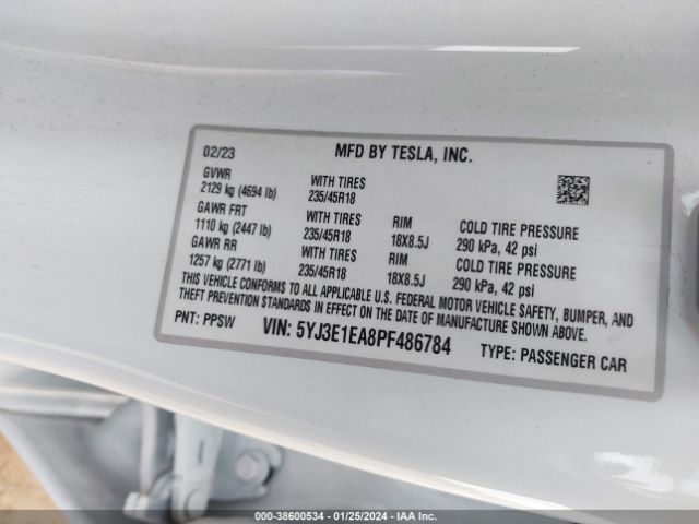 Photo 8 VIN: 5YJ3E1EA8PF486784 - TESLA MODEL 3 