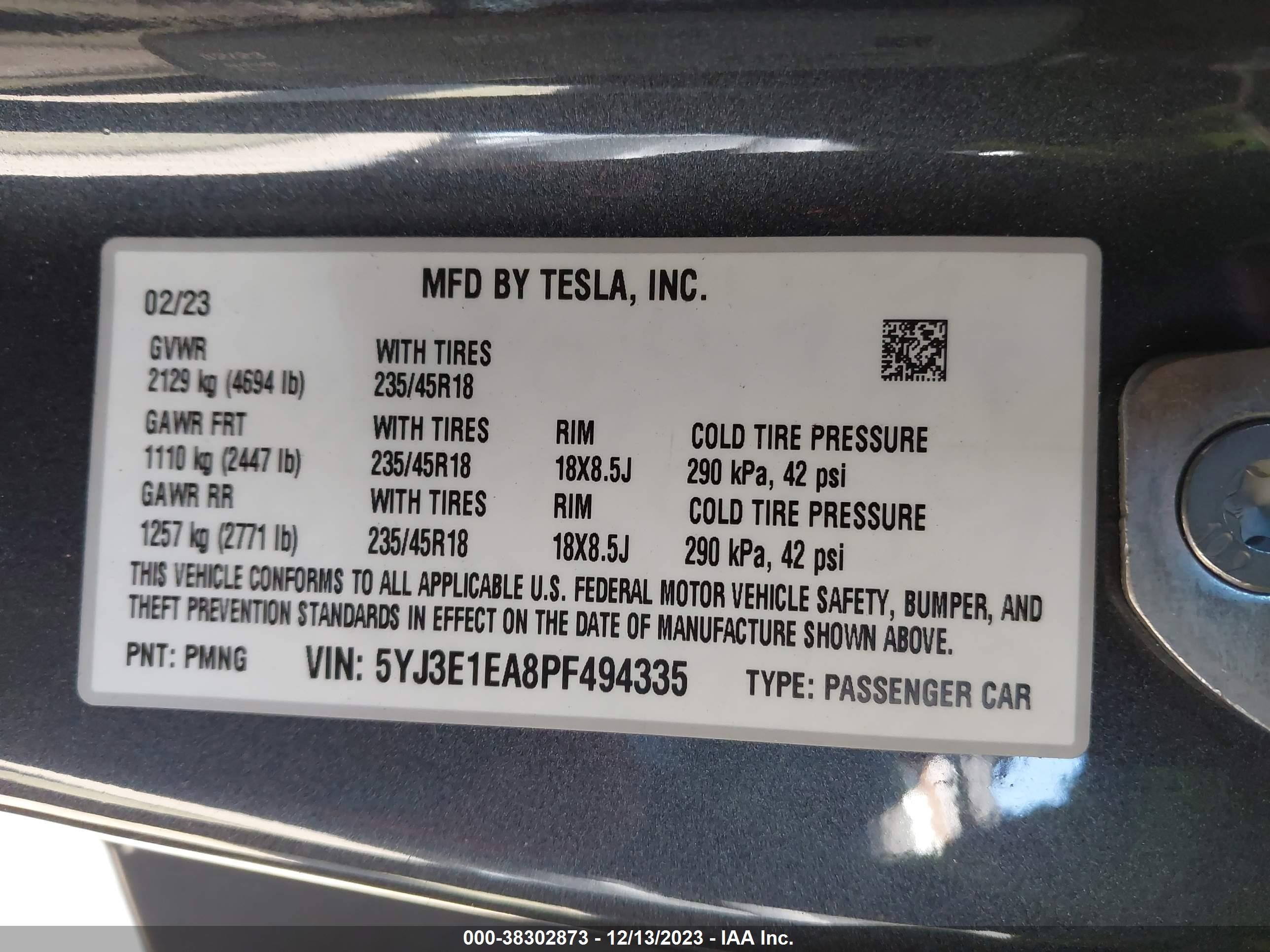 Photo 7 VIN: 5YJ3E1EA8PF494335 - TESLA MODEL 3 