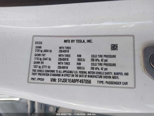 Photo 8 VIN: 5YJ3E1EA8PF497056 - TESLA MODEL 3 