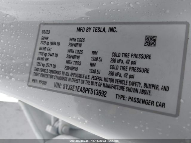 Photo 8 VIN: 5YJ3E1EA8PF513692 - TESLA MODEL 3 